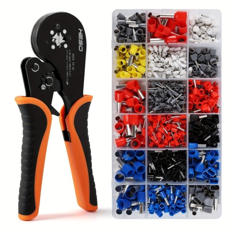 1pc Self-adjusting Ratcheting Square Crimping Tool For Awg28-5 (0.08-16mm). Wire Crimper With 1000pcs Tube Terminals Set. Electrical Wire Connector Tools Kit. 8.5 Inchu002F207mm