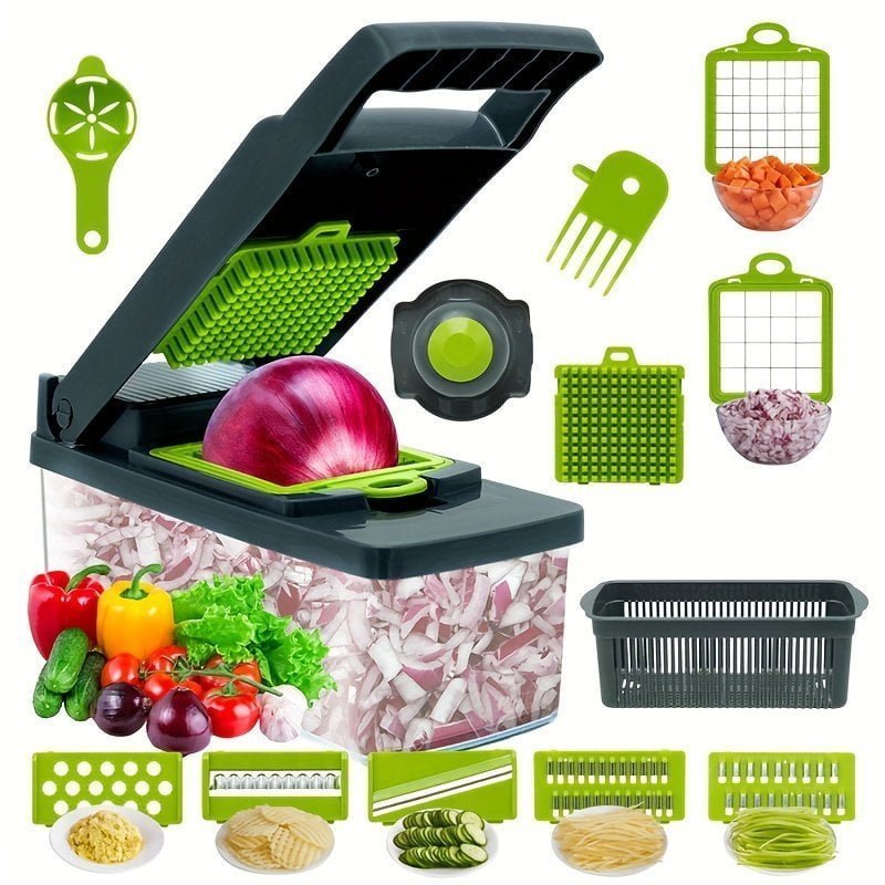 14pcsu002FSet. Vegetable Chopper. Multifunctional Fruit Slicer. Manual Food Grater. Vegetable Slicer. Cutter With Container. Onion Mincer Chopper With Multiple Interchangeable Blades. Household Potato Shredder. Kitchen Stuff. Kitchen Gadgets